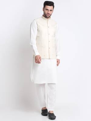 Men Cotton White Pathani Kurta & Salwar with White Jacket 1