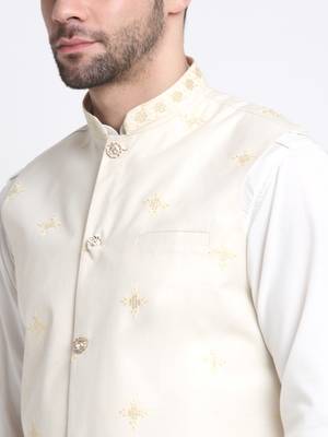 Men Cotton White Pathani Kurta & Salwar with White Jacket 2