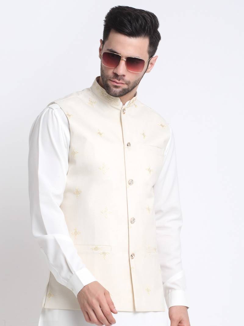 Men Cotton White Pathani Kurta & Salwar with White Jacket