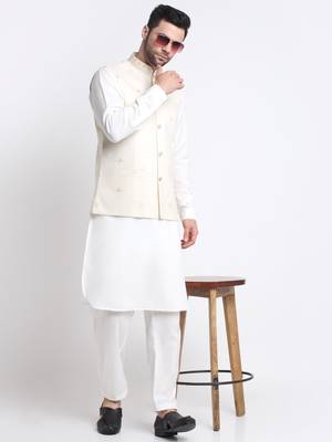 Men Cotton White Pathani Kurta & Salwar with White Jacket 4