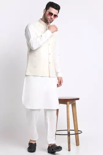 Men Cotton White Pathani Kurta & Salwar with White Jacket