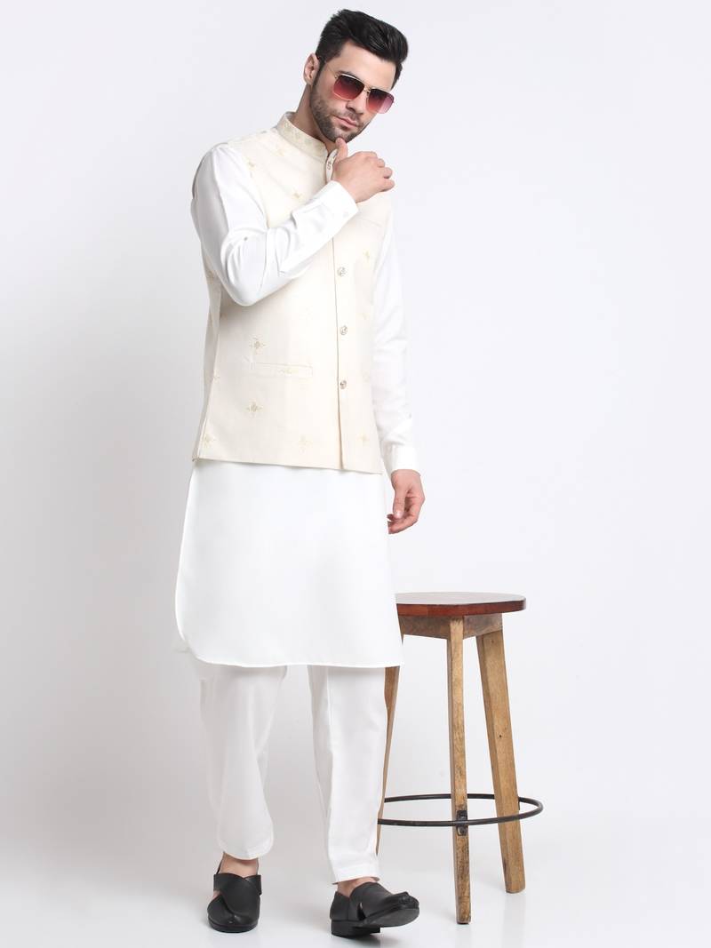 Men Cotton White Pathani Kurta & Salwar with White Jacket