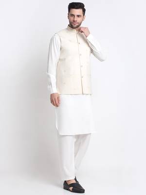 Men Cotton White Pathani Kurta & Salwar with White Jacket 5