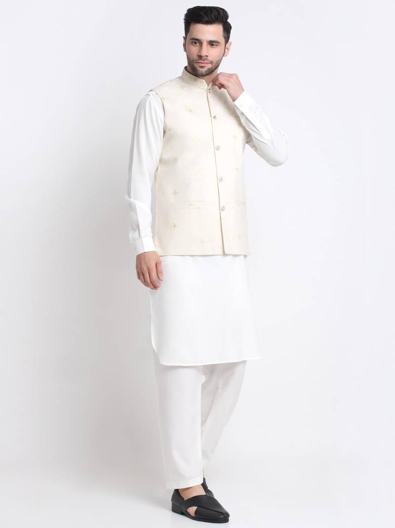 Men Cotton White Pathani Kurta & Salwar with White Jacket