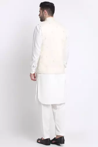 Men Cotton White Pathani Kurta & Salwar with White Jacket