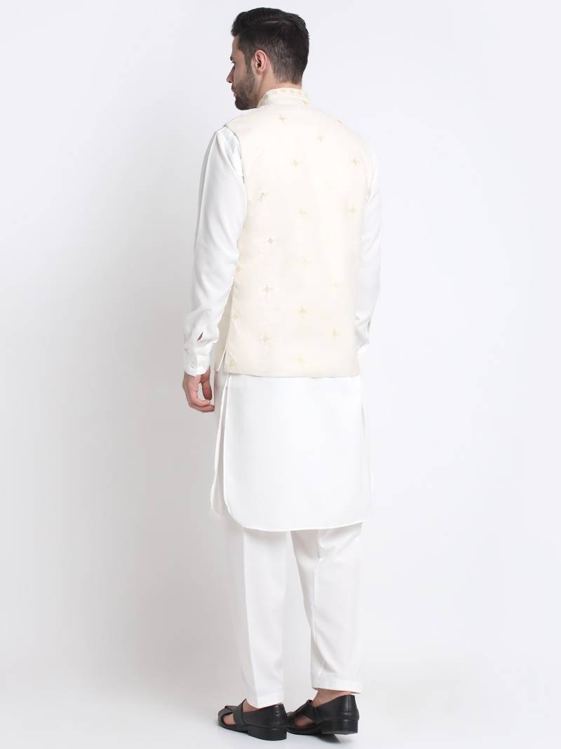 Men Cotton White Pathani Kurta & Salwar with White Jacket
