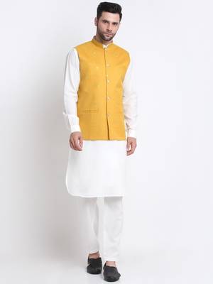 Men Cotton White Pathani Kurta & Salwar with Yellow Jacket 1