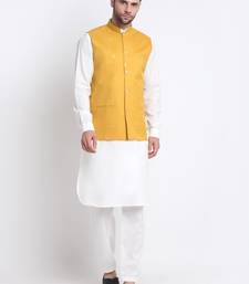 Men Cotton White Pathani Kurta & Salwar with Yellow Jacket