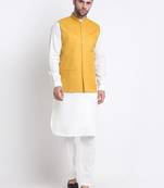 Men Cotton White Pathani Kurta & Salwar with Yellow Jacket