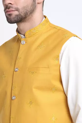 Men Cotton White Pathani Kurta & Salwar with Yellow Jacket