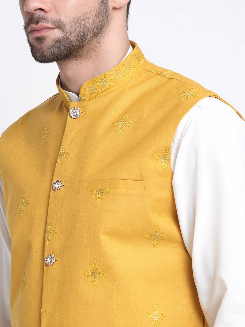 Men Cotton White Pathani Kurta & Salwar with Yellow Jacket