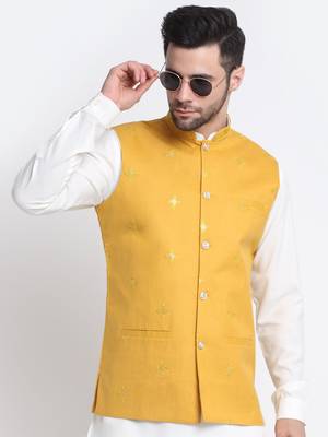 Men Cotton White Pathani Kurta & Salwar with Yellow Jacket 3