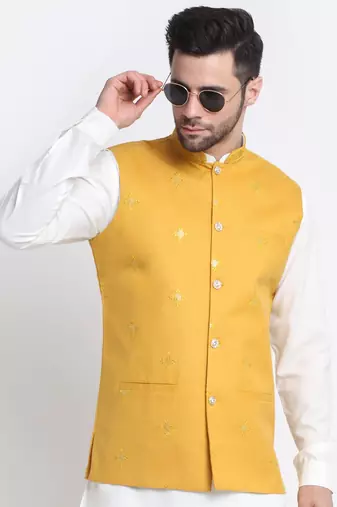 Men Cotton White Pathani Kurta & Salwar with Yellow Jacket