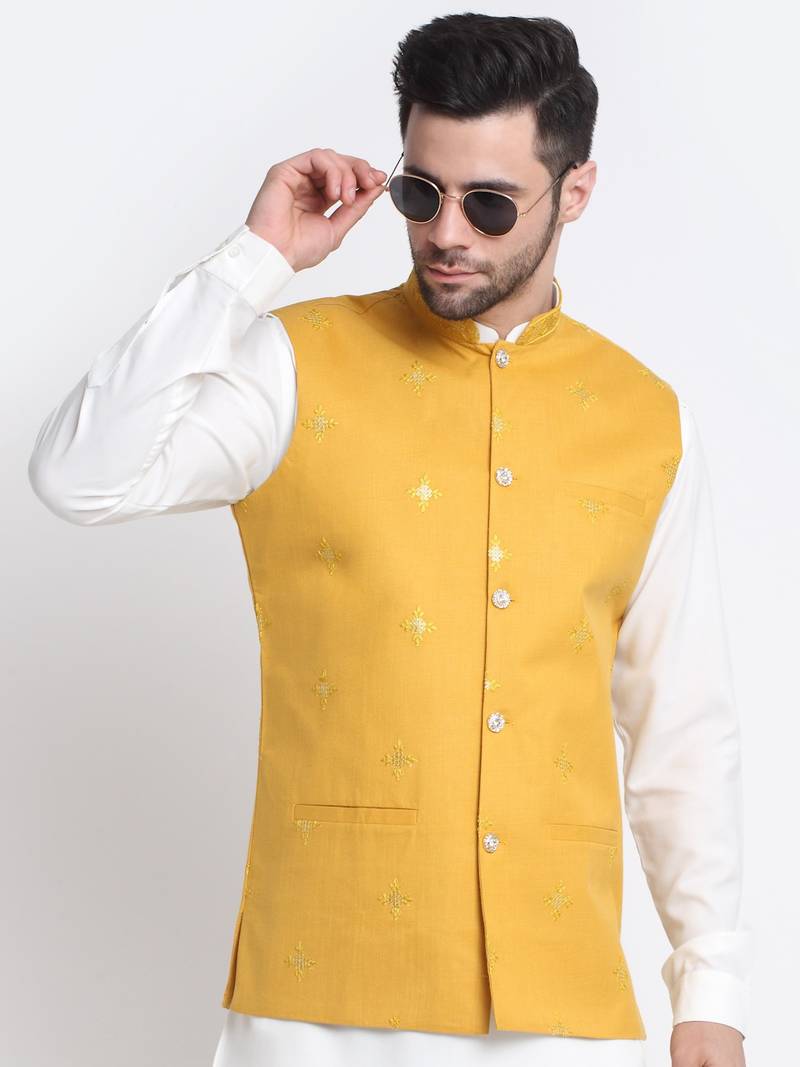 Men Cotton White Pathani Kurta & Salwar with Yellow Jacket
