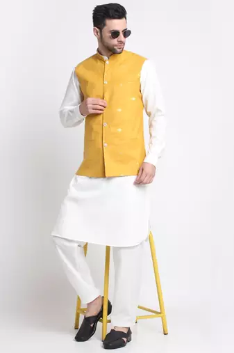 Men Cotton White Pathani Kurta & Salwar with Yellow Jacket