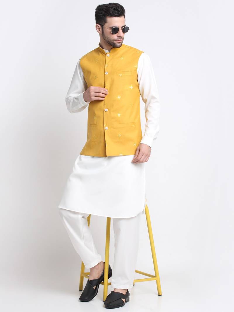Men Cotton White Pathani Kurta & Salwar with Yellow Jacket