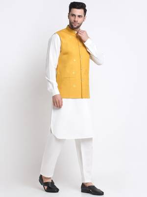 Men Cotton White Pathani Kurta & Salwar with Yellow Jacket 5