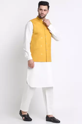 Men Cotton White Pathani Kurta & Salwar with Yellow Jacket