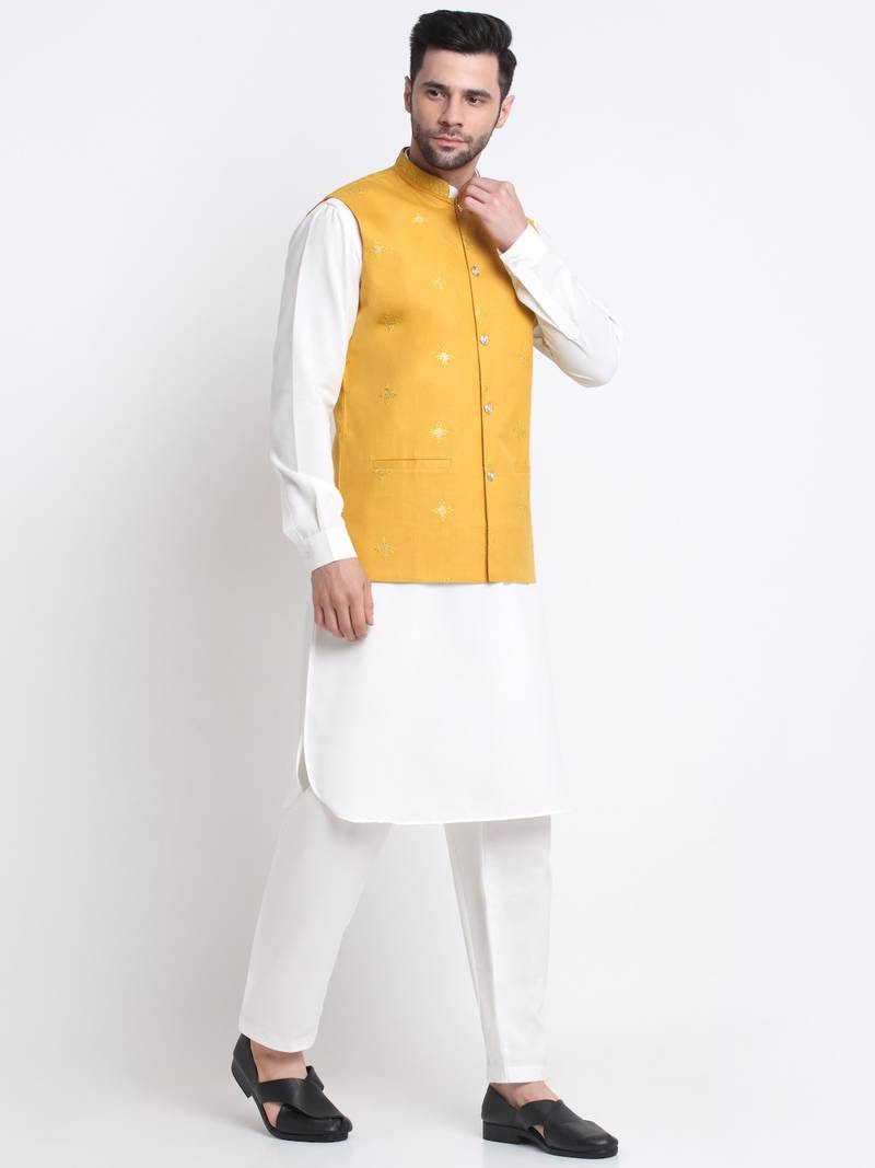Men Cotton White Pathani Kurta & Salwar with Yellow Jacket