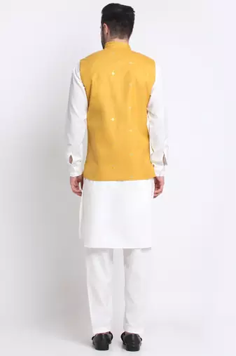 Men Cotton White Pathani Kurta & Salwar with Yellow Jacket