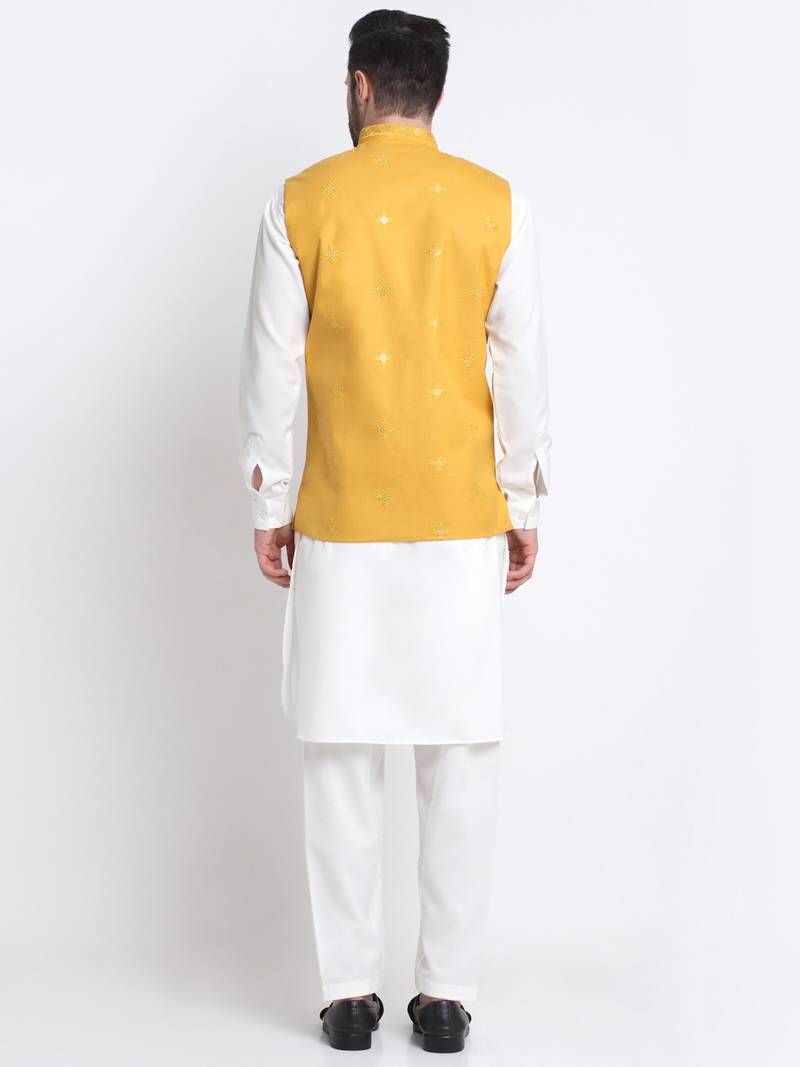 Men Cotton White Pathani Kurta & Salwar with Yellow Jacket
