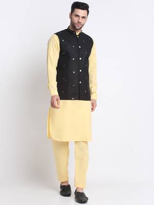 Men Cotton Yellow Pathani Kurta & Salwar with Black Jacket 1