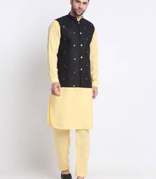 Men Cotton Yellow Pathani Kurta & Salwar with Black Jacket