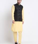 Men Cotton Yellow Pathani Kurta & Salwar with Black Jacket