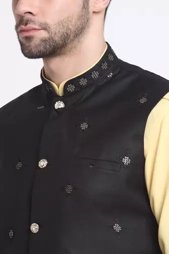 Men Cotton Yellow Pathani Kurta & Salwar with Black Jacket