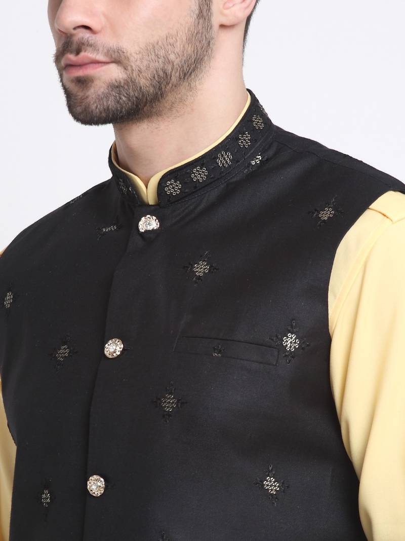 Men Cotton Yellow Pathani Kurta & Salwar with Black Jacket