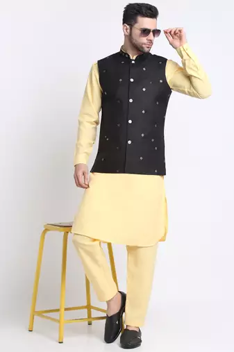 Men Cotton Yellow Pathani Kurta & Salwar with Black Jacket