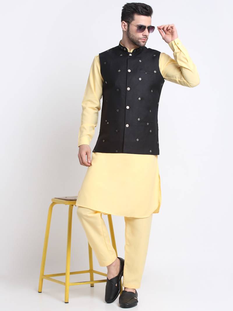 Men Cotton Yellow Pathani Kurta & Salwar with Black Jacket