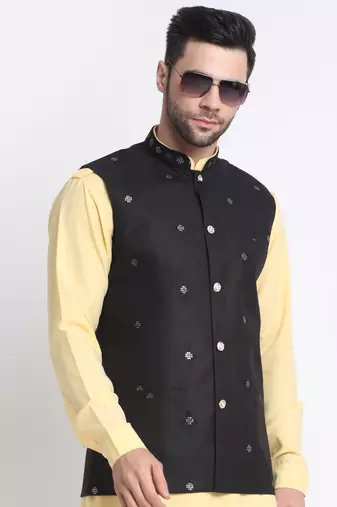 Men Cotton Yellow Pathani Kurta & Salwar with Black Jacket