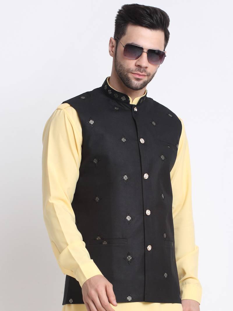 Men Cotton Yellow Pathani Kurta & Salwar with Black Jacket