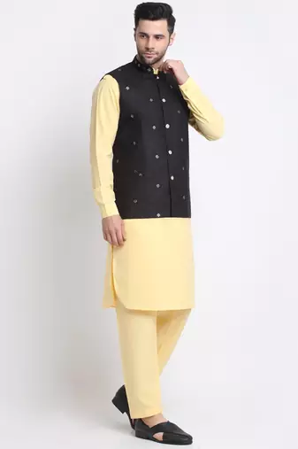 Men Cotton Yellow Pathani Kurta & Salwar with Black Jacket