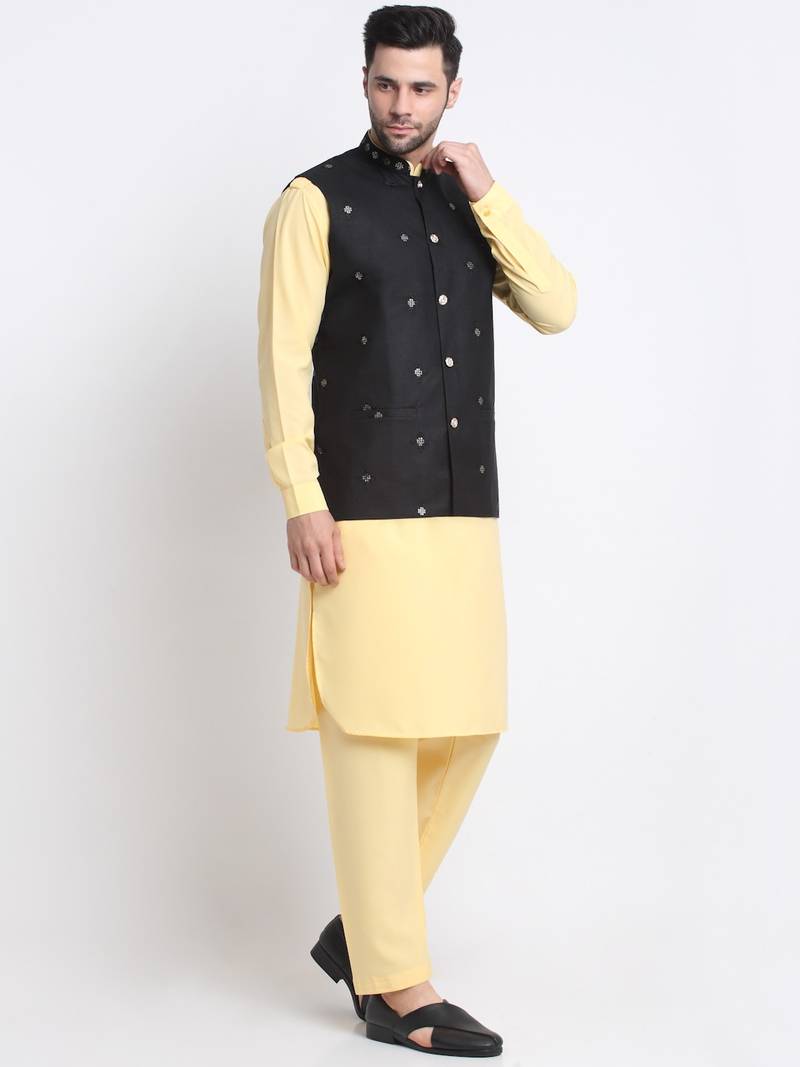 Men Cotton Yellow Pathani Kurta & Salwar with Black Jacket
