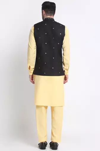 Men Cotton Yellow Pathani Kurta & Salwar with Black Jacket