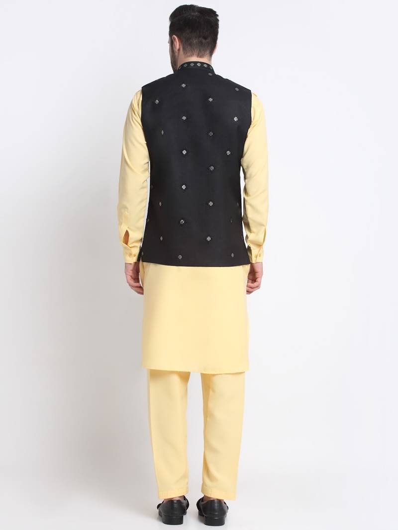 Men Cotton Yellow Pathani Kurta & Salwar with Black Jacket