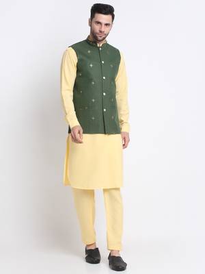 Men Cotton Yellow Pathani Kurta & Salwar with Green Jacket 1