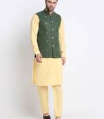 Men Cotton Yellow Pathani Kurta & Salwar with Green Jacket