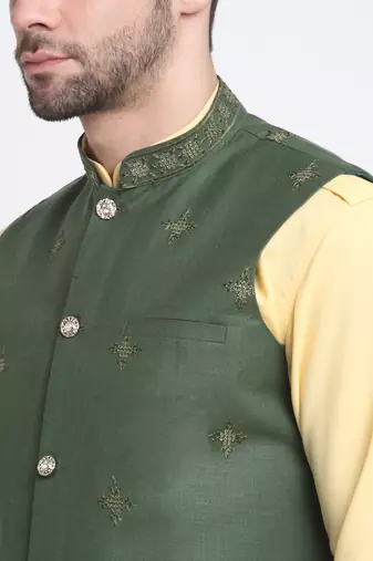 Men Cotton Yellow Pathani Kurta & Salwar with Green Jacket