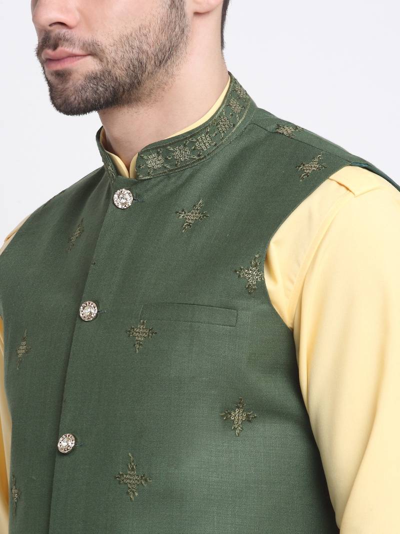 Men Cotton Yellow Pathani Kurta & Salwar with Green Jacket