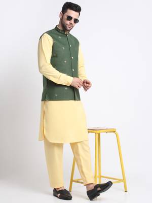 Men Cotton Yellow Pathani Kurta & Salwar with Green Jacket 3