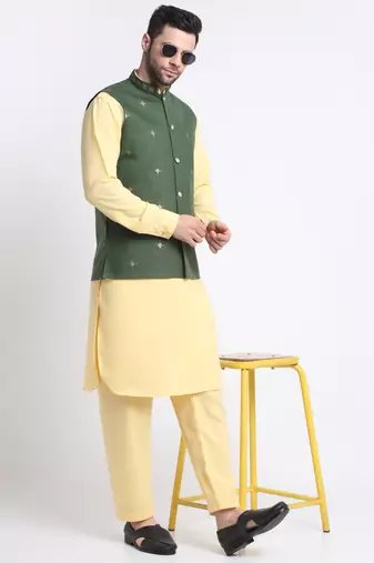 Men Cotton Yellow Pathani Kurta & Salwar with Green Jacket