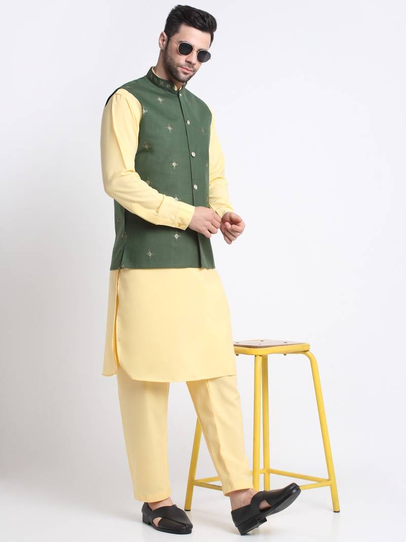 Men Cotton Yellow Pathani Kurta & Salwar with Green Jacket