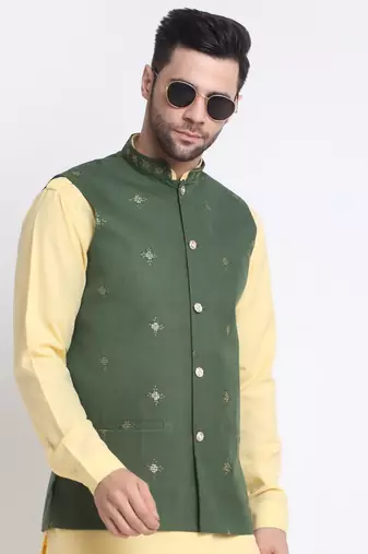 Men Cotton Yellow Pathani Kurta & Salwar with Green Jacket