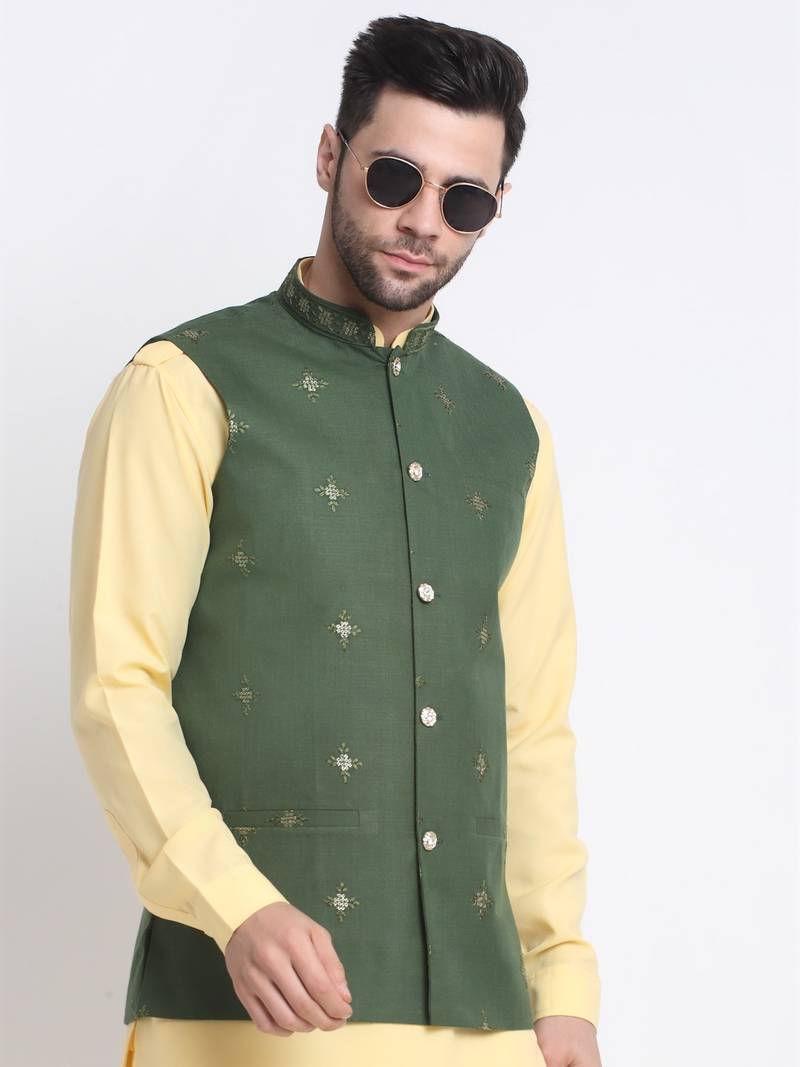 Men Cotton Yellow Pathani Kurta & Salwar with Green Jacket