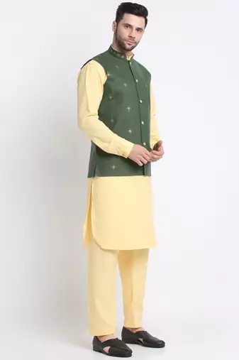 Men Cotton Yellow Pathani Kurta & Salwar with Green Jacket
