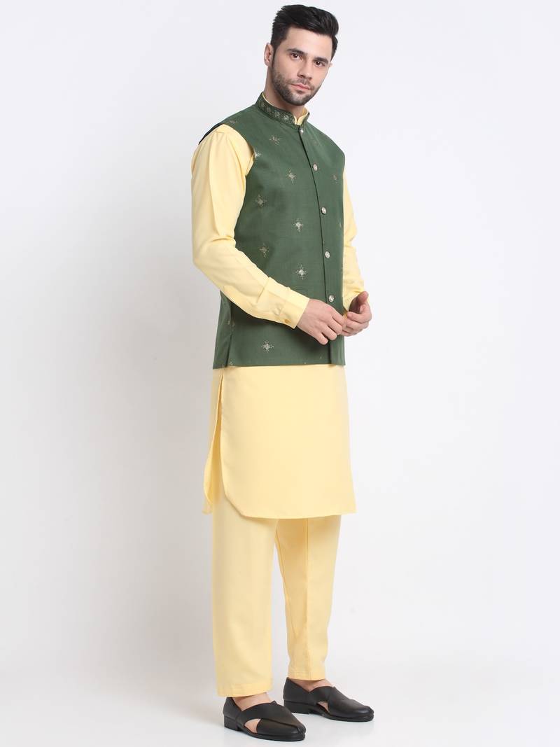 Men Cotton Yellow Pathani Kurta & Salwar with Green Jacket