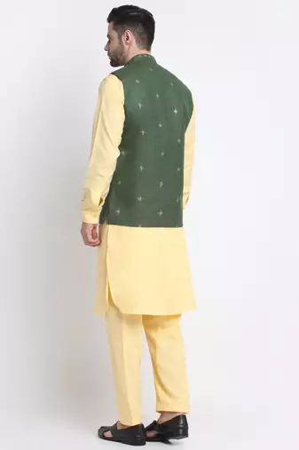 Men Cotton Yellow Pathani Kurta & Salwar with Green Jacket